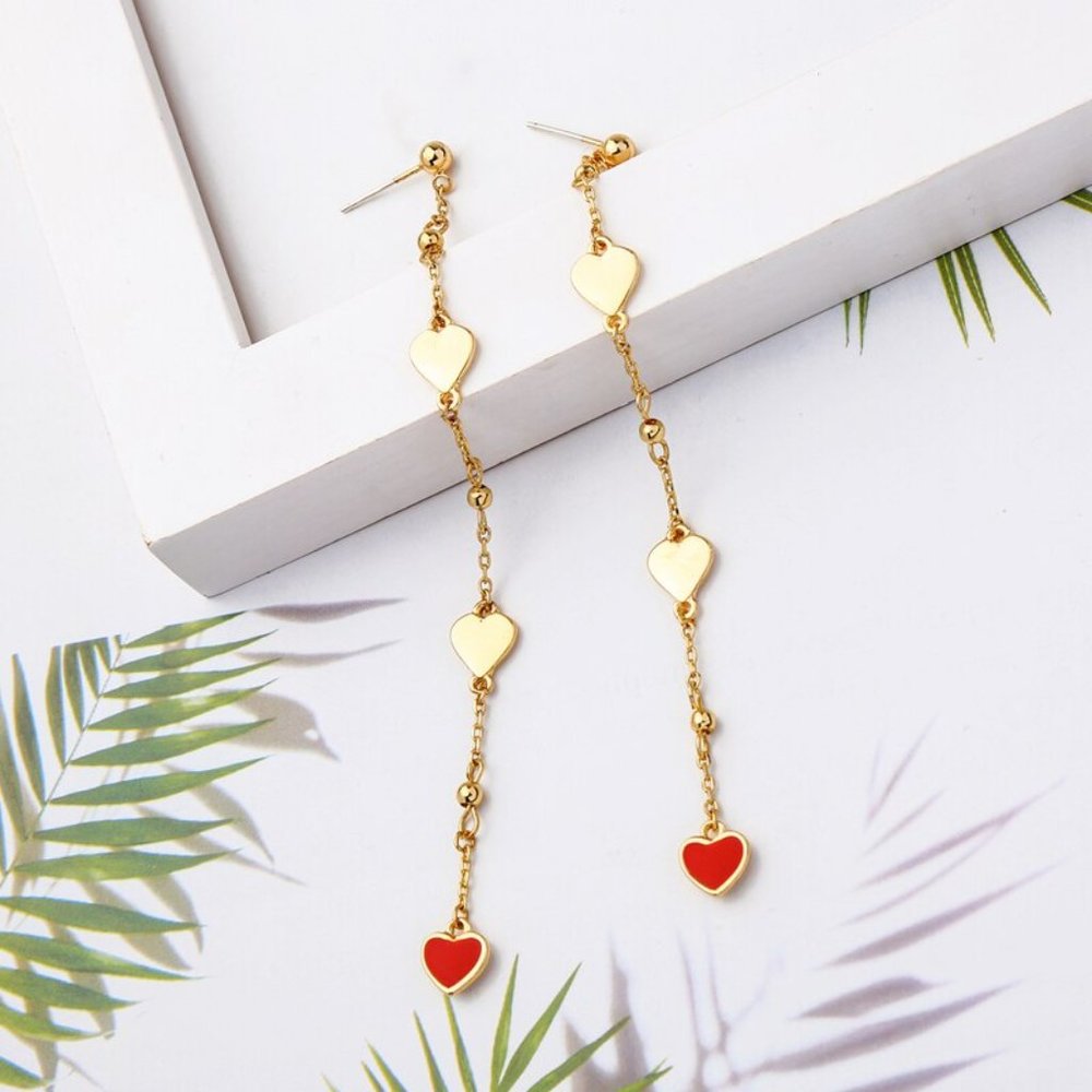 Red & Gold Heart Drop Chain Earrings